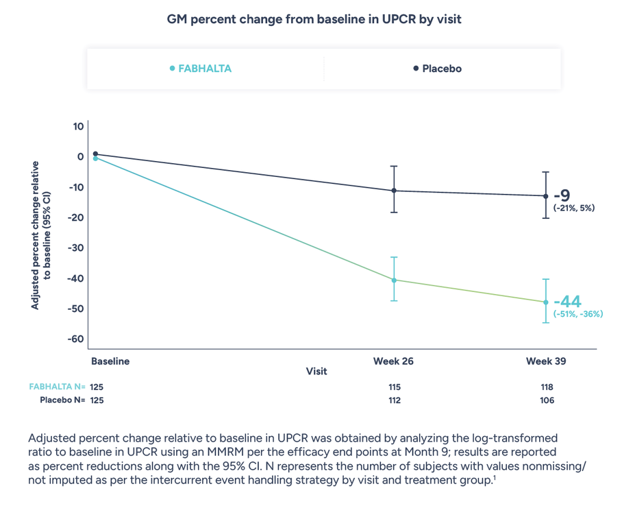 GM percent change from baseline in UPCR by visit. Adjusted percent change relative to baseline in UPCR was obtained by analyzing the log-transformed ratio to baseline in UPCR using an MMRM per the efficacy end points at month 9; results are reported as percent reductions along with the 95% CI. N represents the number of subjects with values nonmissing/not imputed as per the intercurrent event handling strategy by visit and treatment group.