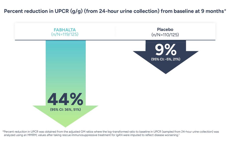 Percent reduction in UPCR (g/g) (from 24-hour urine collection) from baseline at 9 months.