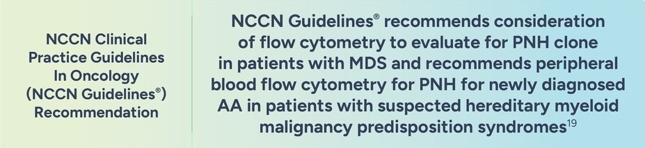 NCCN Clinical Practice Guidelines In Oncology Recommendation. NCCN Guidelines® recommends consideration of flow cytometry to evaluate for PNH clone in patients with MDS and recommends peripheral blood flow cytometry for PNH for newly diagnosed AA in patients with suspected hereditary myeloid malignancy predisposition syndromes.