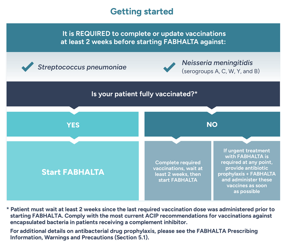 It is required to complete or update vaccinations at least 2 weeks before starting Fabhalta against Streptococcus pneumoniae and Neisseria meningitidis. Complete required vaccinations, wait at least 2 weeks, then start Fabhalta. If urgent treatment with Fabhalta is required at any point, provide antibiotic prophylaxis + Fabhalta and administer these vaccines as soon as possible. Patient must wait at least 2 weeks since the last required vaccination dose was administered prior to starting Fabhalta.