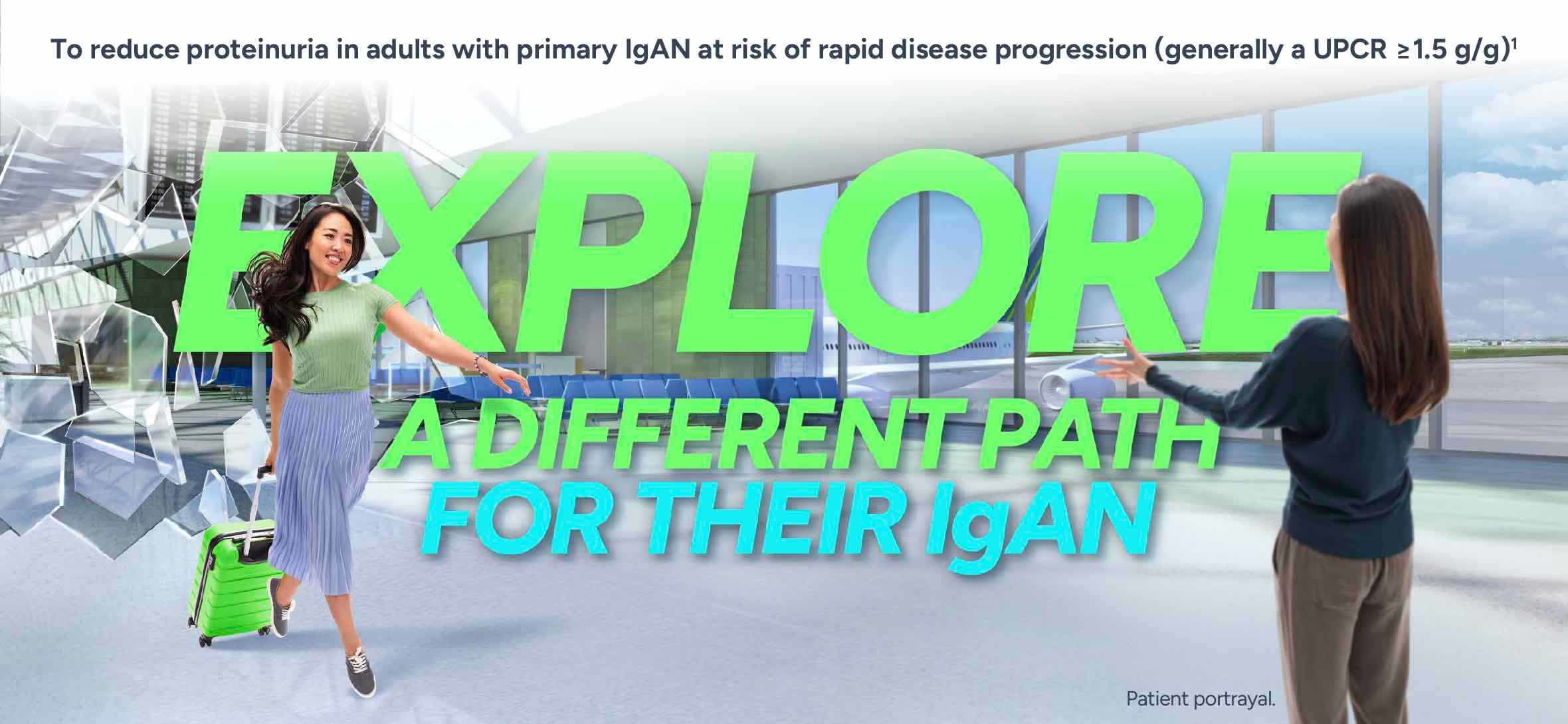 To reduce proteinuria in adults with primary IgAN at risk of rapid disease progression (generally a UPCR ≥1.5 g/g). Explore a different path for their IgAN.